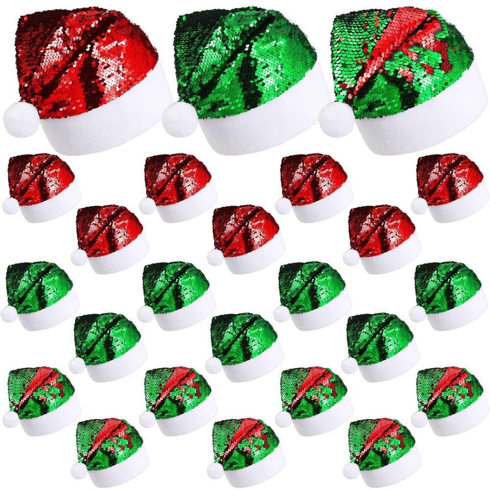 1624 24 Pcs Santa Hat Reversible Sequin Christmas Hats 's Costume Headwear
